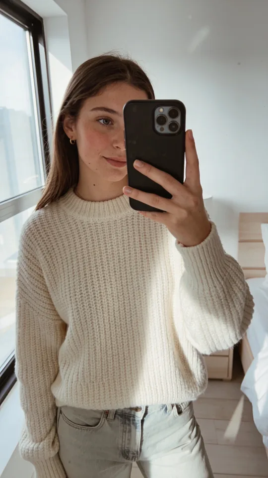 Creatorin macht ein Spiegel-Selfie im hellen Schlafzimmer
