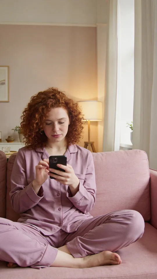 Creatorin mit Locken tippt auf dem Handy auf einem rosa Sofa